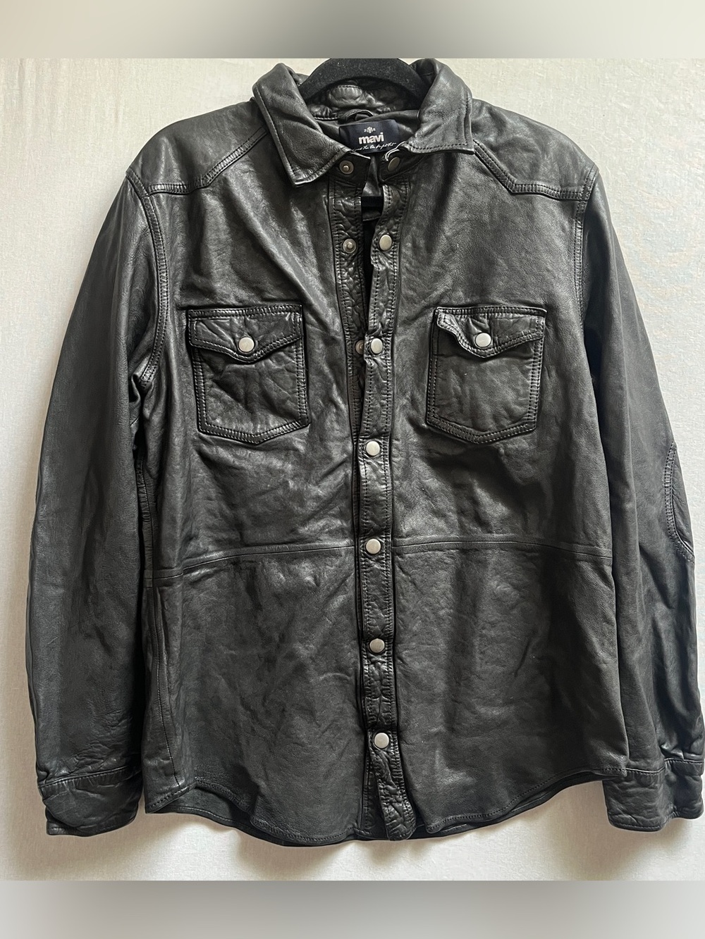 Mavi Black Leather Snap-Front Shirt Jacket L